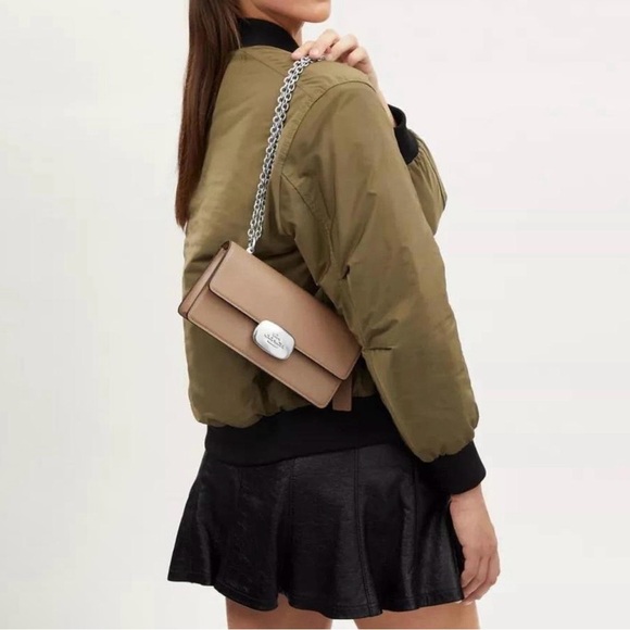 Coach Handbags - Coach Taupe Leather Crossbody Bag with Silver Chain